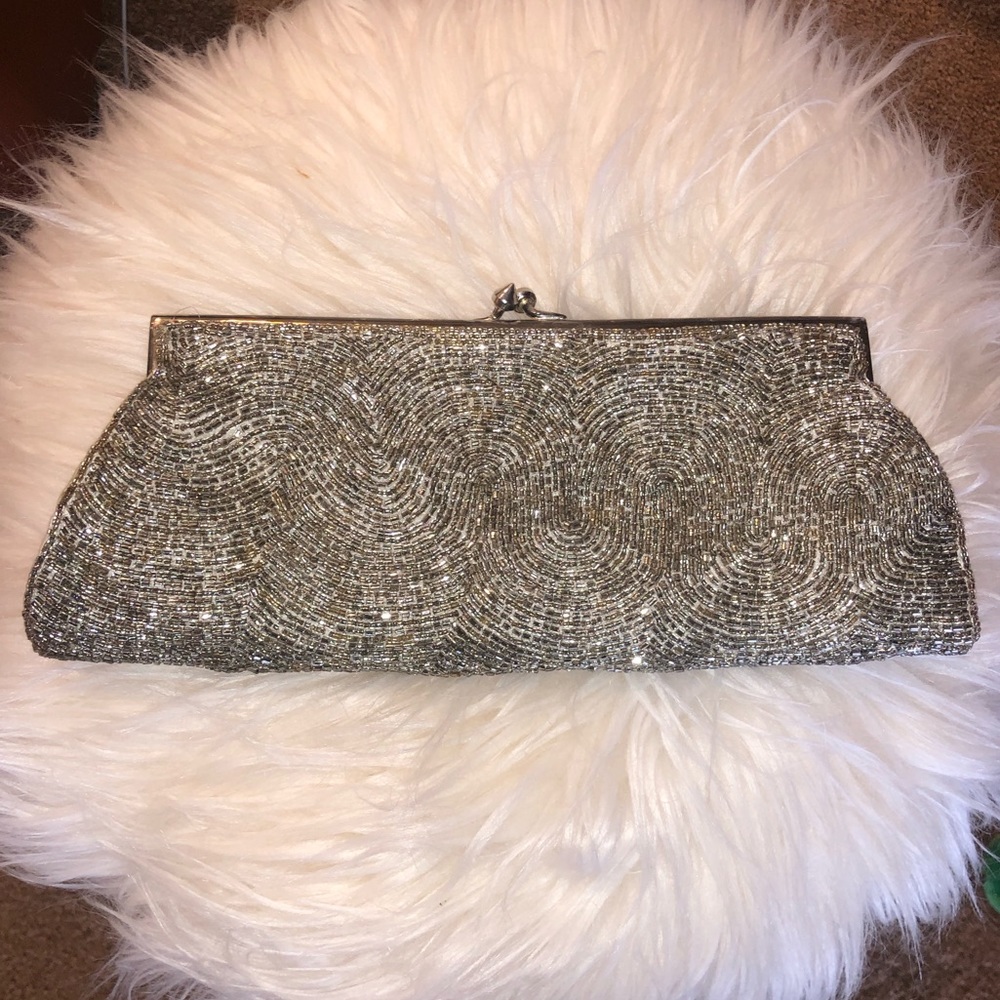 Moyna Silver Beaded Evening Clutch/Shoulder Bag